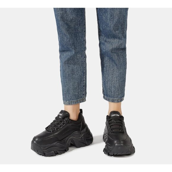 Women's Black Chunky Rubber Platform Casual Lace-Up Walking Sneaker Shoes - Picture 7 of 9